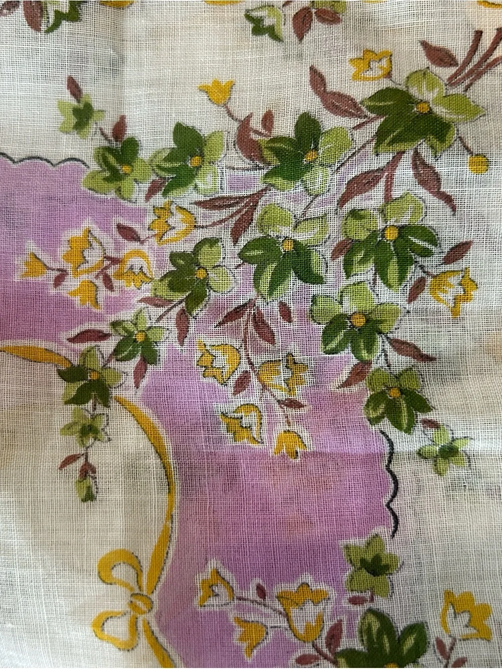 Vintage Floral Cotton hankie Handkerchief - Lavender & Yellow with bows 12x12